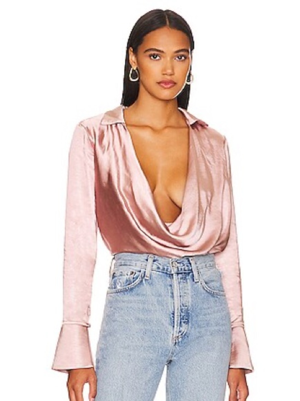 REVOLVE Blush Pink Satin Drape Neck Blouse